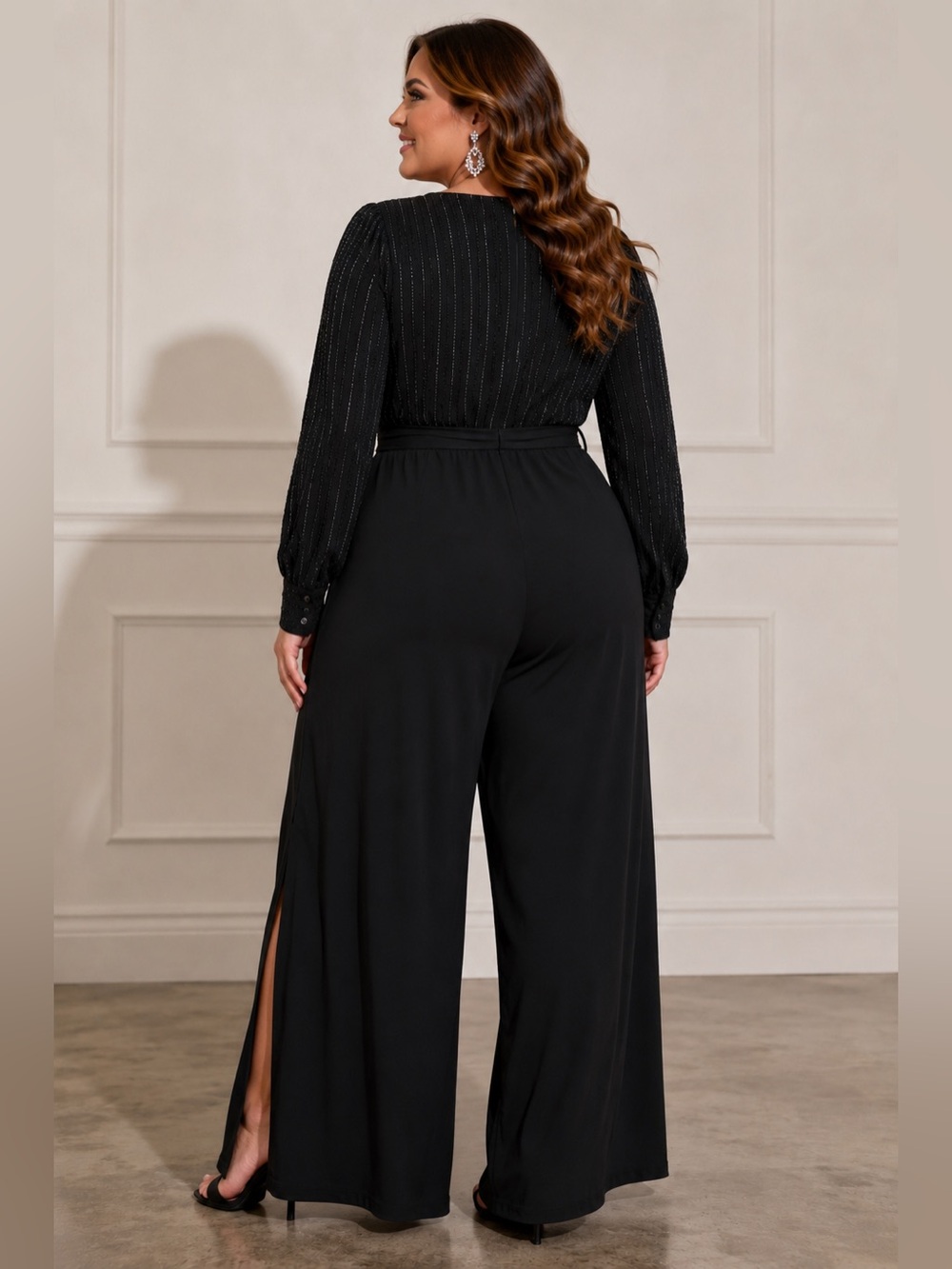 NEW DKNY Women’s Rhinestone-Striped Split-Leg Jumpsuit – Black – Size 18W - Picture 3 of 10
